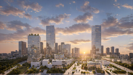 Fototapeta na wymiar Modern metropolis, city skyline, urban buildings, green city at sunset