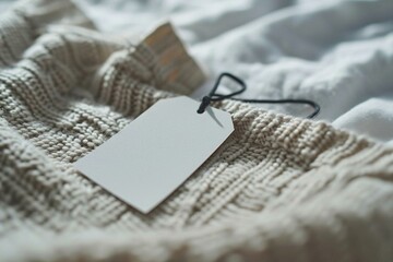 a white tag sitting on top of a bed