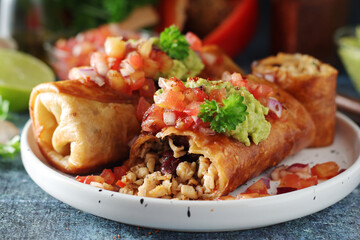 A typical dish of Mexican cuisine - Chimichanga, made of tortilla with different ingredients