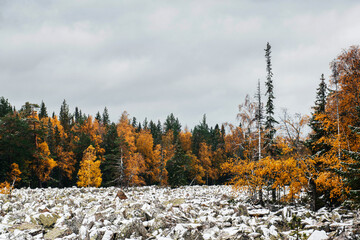the world's largest stone river in Taganay National Park in autumn