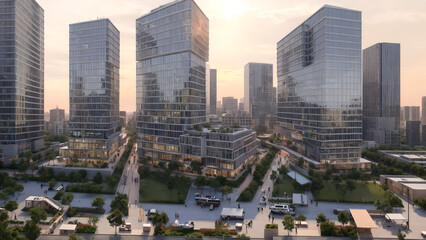 Obraz premium Modern metropolis, city skyline, urban buildings, green city at sunset