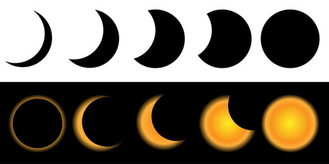 Solar eclipse vector set. Different phases of solar eclipse. Vector illustration - obrazy, fototapety, plakaty
