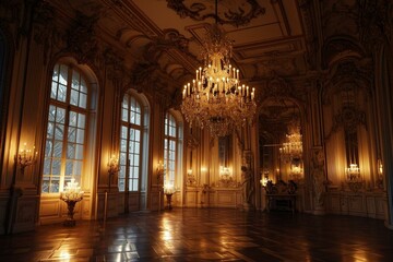 a room with a chandelier and lots of windows