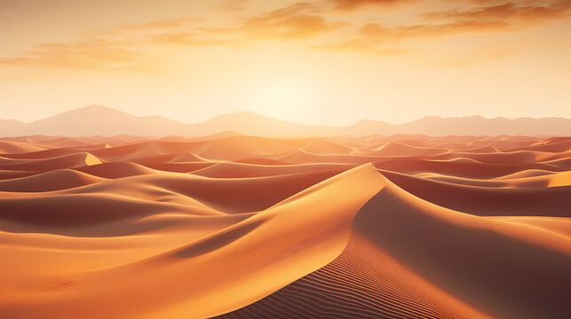 Surreal desert dunes at sunset, warm tones and shadows © jiejie