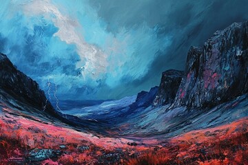 a painting of a mountain scene with a lightning bolt