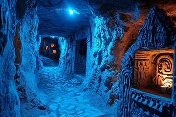 a tunnel in a cave with a blue light