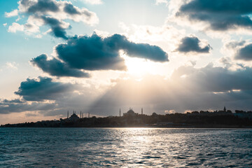 Istanbul background photo with dramatic sky and sunrays