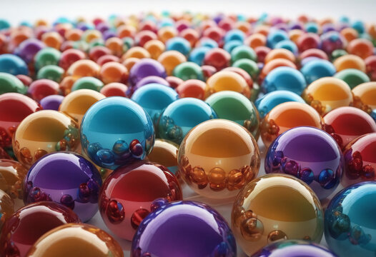 abstract balls made of multi-colored glass and multi-colored chrome mixed randomly scattered on a white background