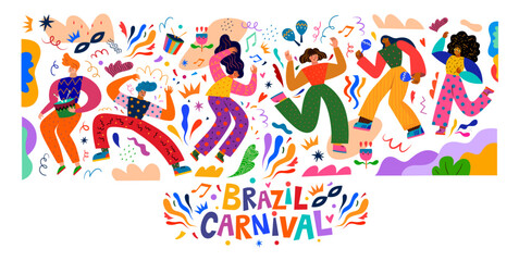 Banner Brazil carnival party. Design for Brazil Carnival. Decorative illustration with dancing people. Music festival illustration - obrazy, fototapety, plakaty