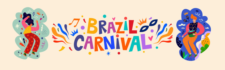 Banner Brazil carnival. Design for Brazil Carnival. Decorative illustration with dancing people. Music festival illustration