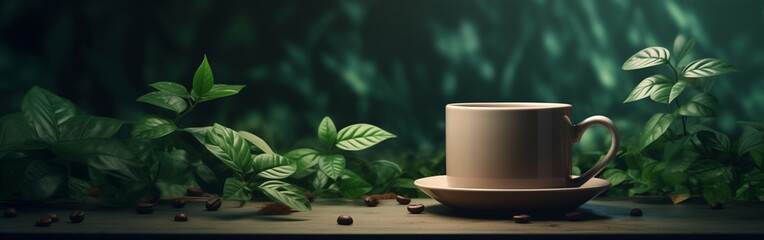 White coffee cup with green leaves and coffee beans, banner
