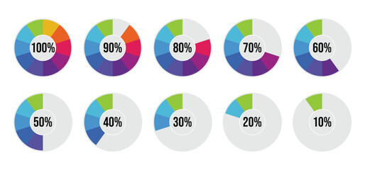Set of circle percentage diagrams from 100 to 10 ready-to-use for web design, user interface (UI) or infographic - indicator with 10 colors. vector illustration.