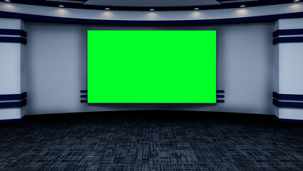 3D Studio room front view with green screen