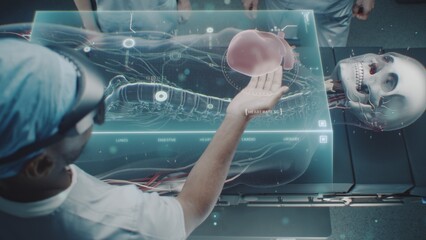 Surgical team work in high-tech operating room, perform virtual heart surgery using holographic display. 3D animation of human skeleton and organs. AI technology in medicine. Future of healthcare.