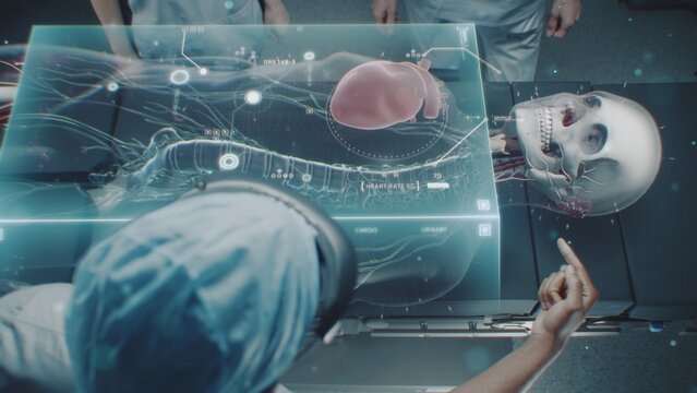 Surgical team work in high-tech operating room, perform virtual heart surgery using holographic display. 3D animation of human skeleton and organs. AI technology in medicine. Future of healthcare.