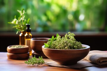 Bottles and bowls with herbs and oil for herbal medicine, naturopathy, homeopathy and aromatherapy