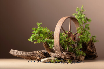 Abstract nature scene with a composition of rusty iron wheel, juniper, and dry snags.