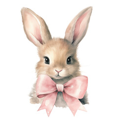 Watercolor illustration cute easter bunny in pink bow. Perfect for card, fabric, tags, invitation, printing, wrapping.
