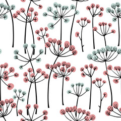 Vector seamless pattern with hand drawn floral umbels. Beautiful ink drawing, vintage botanical style. Perfect for prints and patterns - obrazy, fototapety, plakaty