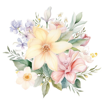 Watercolor illustration pastel spring flowers bouquet. Perfect for card, fabric, tags, invitation, printing, wrapping.
