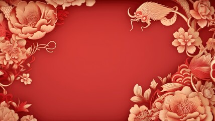 Chinese new year 2024, year of the dragon banner template design with dragon and flower background, red background. copy space - generative ai