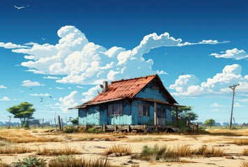 Fototapeta na wymiar Desolate Landscape with Run-Down Blue House and Palm-Like Trees