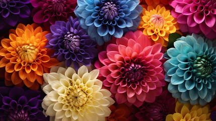 The spectrum of beauty in various colors of Dahlia flowers, bathed in the warm hues of midday sunlight. Generative Ai