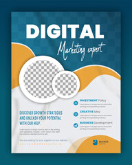 Corporate, creative, company promotion business flyer, digital marketing agency poster design template, A4 seminar flyer layout, proposal, leaflet, annual report with blue yellow and white background