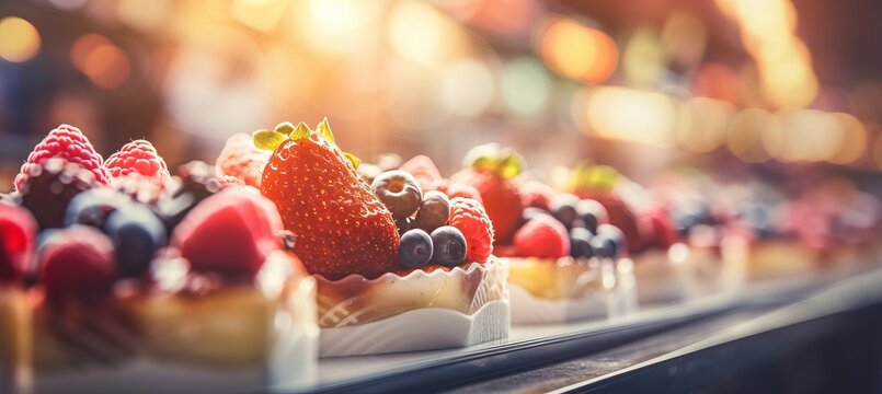 Gourmet desserts and coffee drinks in an elegant patisserie with radiant bokeh background