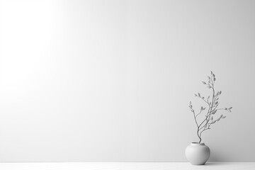 Simple white background with a vase and decorative branches in a minimal style.