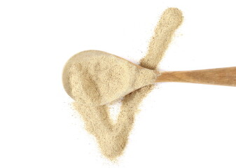 Milled white pepper powder pile in wooden spoon,  peppercorn isolated on white background, top view