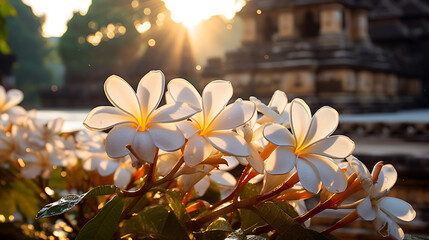 The timeless beauty of white Frangipani flowers gracing a historical temple, bathed in the warm hues of early morning sunlight. Generative Ai