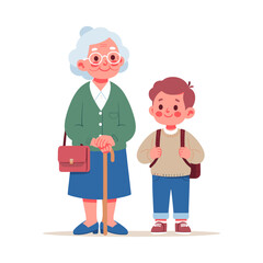 Old grandma and young little boy flat design vector illustration.