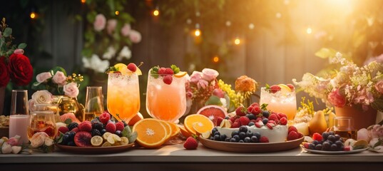 Luminous bokeh backdrop with vibrant outdoor brunch, cocktails, fruit platters, and sunlight. - obrazy, fototapety, plakaty
