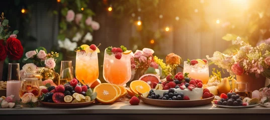 Fotobehang Luminous bokeh backdrop with vibrant outdoor brunch, cocktails, fruit platters, and sunlight. © Ilja
