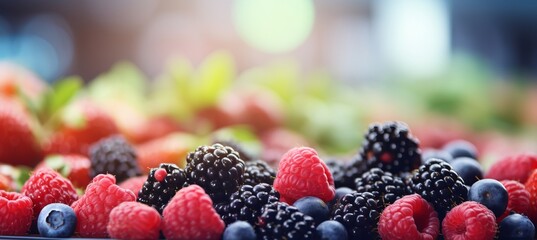 Vibrant farmers  market with fresh fruits and colorful beverages in softly blurred bokeh background