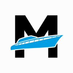 Boat Logo With M Letter. Ship Icon, Yacht Logo Symbol