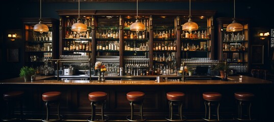 Lively bar with artisanal cocktails, stylish glassware, and mesmerizing bokeh lighting