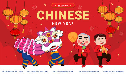 happy chinese new year lion dance illustration for celebration