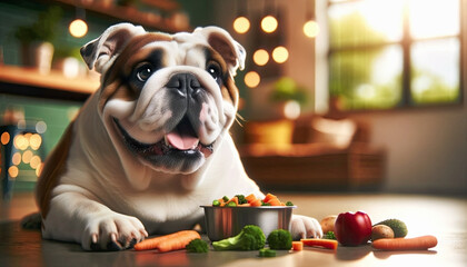 An adorable bulldog lying next to a bowl of fresh vegetables, promoting a healthy diet for pets. Happy Bulldog with Healthy Vegetables on Kitchen