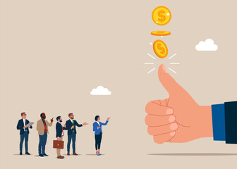 Success in wealth management. Hand of businessman tossing a coin. Flat vector illustration.