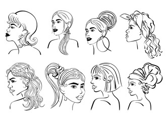 Vector Hand Drawn Woman Portrait with beautiful hairstyle Illustration in various themes. girl set Hand drawn collection. great set collection clip art Silhouette Black vector.