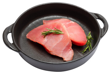 Fresh tuna Fish steak in black ceramic dish isolated