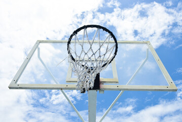 Basketball court blue sky and white background . with blue sky