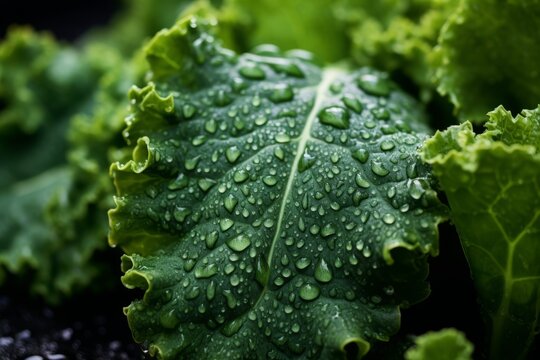 Freshly harvested organic kale glistening with morning dew, beautifully contrasted against a rustic wooden setting