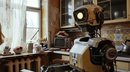 Fototapeta na wymiar Robot helper helps in the kitchen