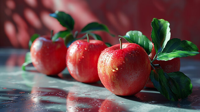 A photography studio of ripe apples in a minimalist style. Using natural light sources as lighting.