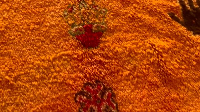 Detail of a handmade, traditional, Moroccan cactus silk (Sabra silk) rug, carpet. Macro closeup abstract geometric patterns, handwoven, shallow depth of field.
