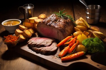 A Hearty British Feast: Yorkshire Puddings Accompanied by Succulent Roast Beef and a Medley of Vegetables