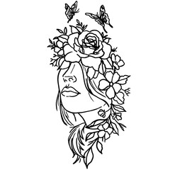 silhouette of a girl with a rose, floral art, black line, design, woman, tattoo, illustration